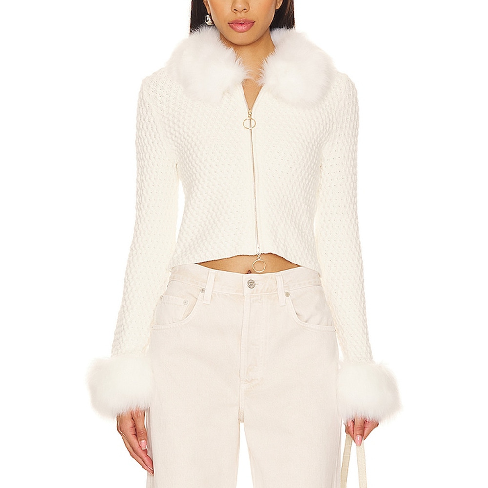 Show Me Your Mumu 'Zermatt' White Faux Fur Zip Up Sweater Size S